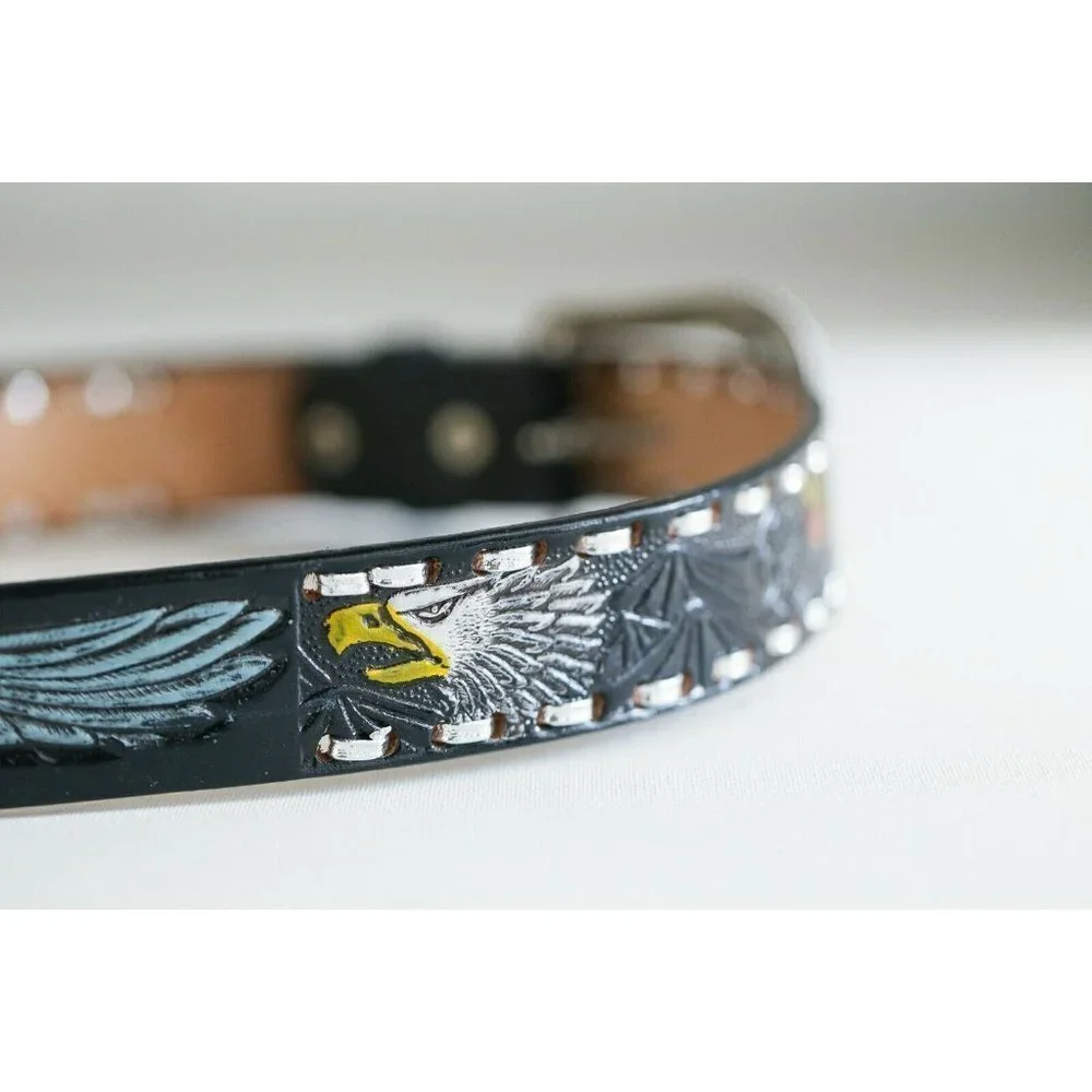 Hand Tooled Painted Bold Eagle Whipstitch Black Leather Belt
